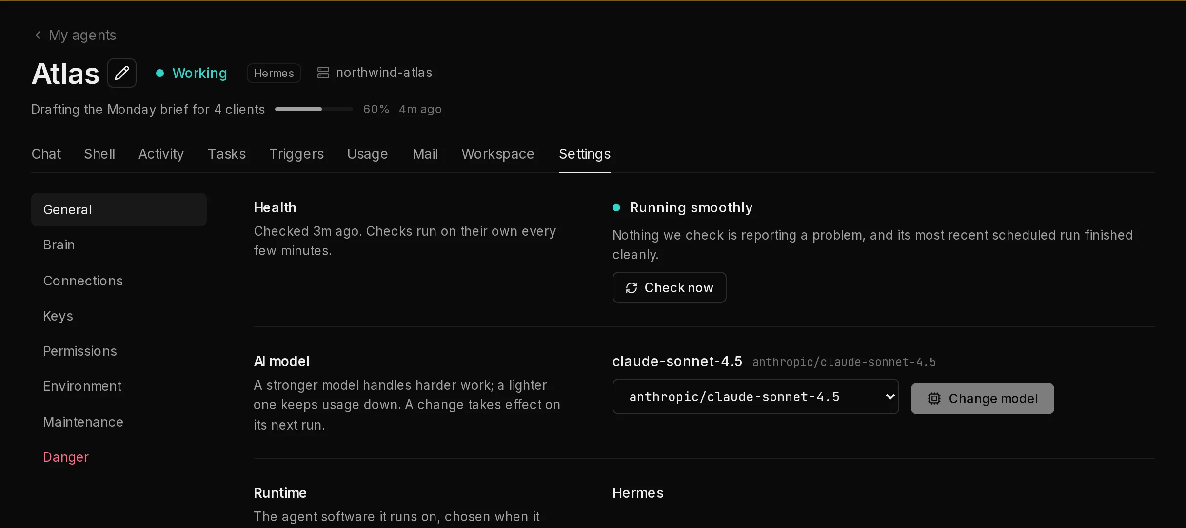 The General section of an agent's Settings: its Health, when it was last checked, and a Check now button, above the AI model and Runtime rows.