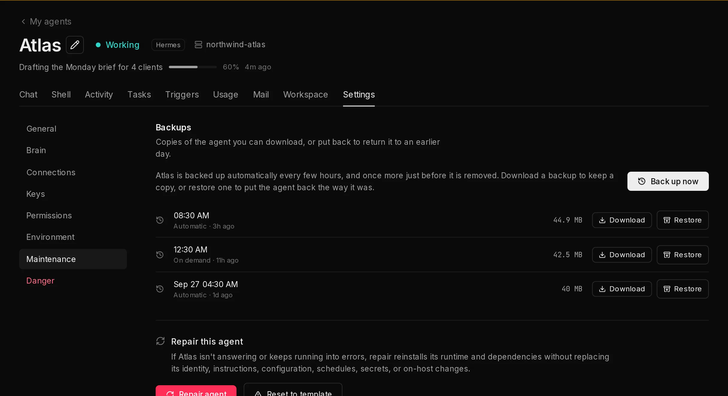 The Maintenance section of an agent's Settings: backups, and Repair this agent with the Repair agent and Reset to template buttons.
