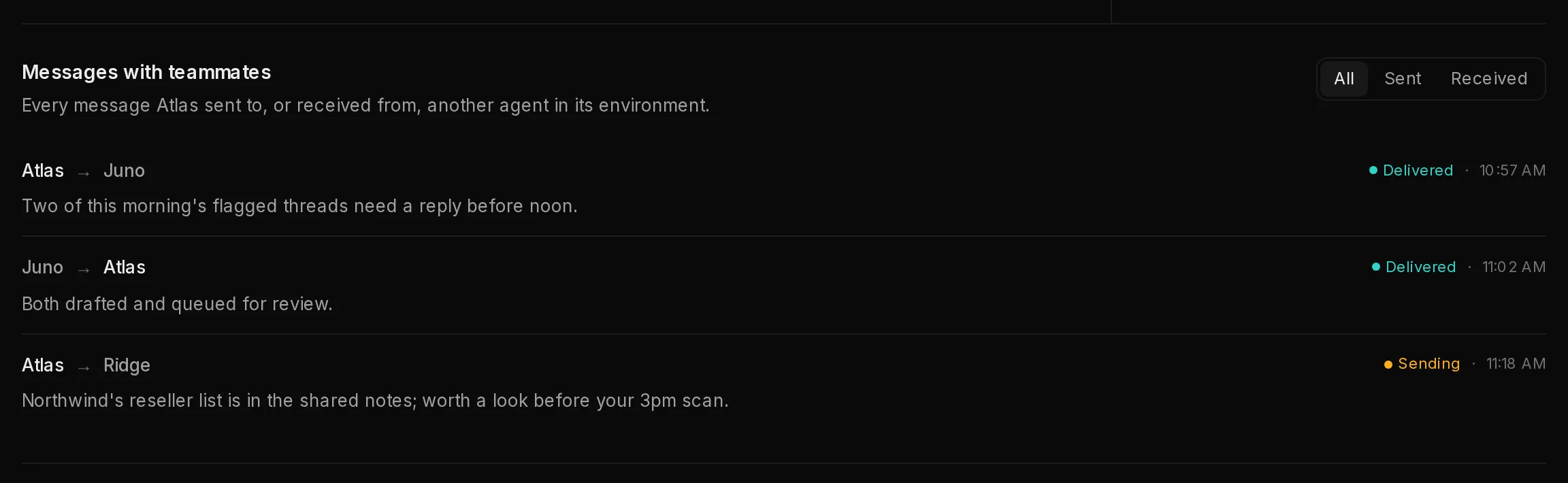 The Messages with teammates section on Atlas's Activity tab, listing messages Atlas sent to and received from other agents, with All, Sent and Received filters.