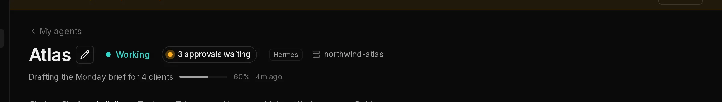 The header of Atlas's page: its name, its status, and a badge saying 3 approvals waiting.