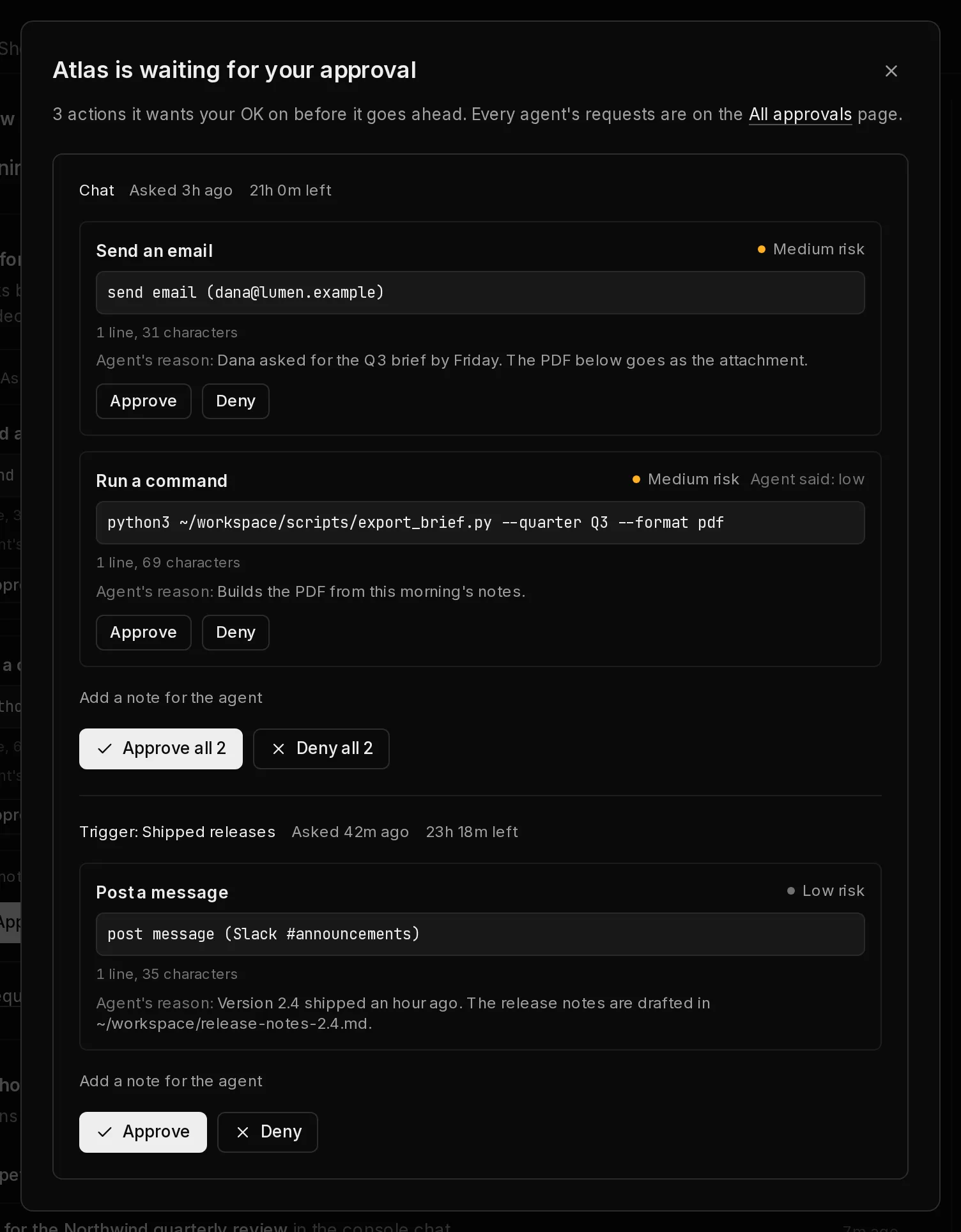 The dialog the approvals badge opens: Atlas is waiting for your approval, with each request decidable in place and a link to all approvals.