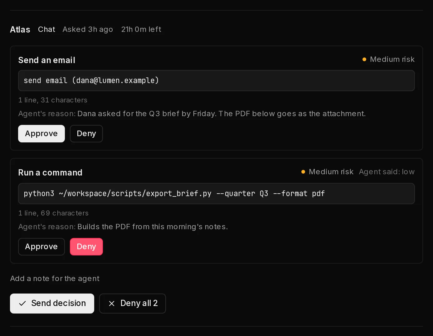 A chat request from Atlas that proposes two actions at once, an email and a command, each with its own Approve and Deny choice, one approved and one denied, and a button to send the whole decision.