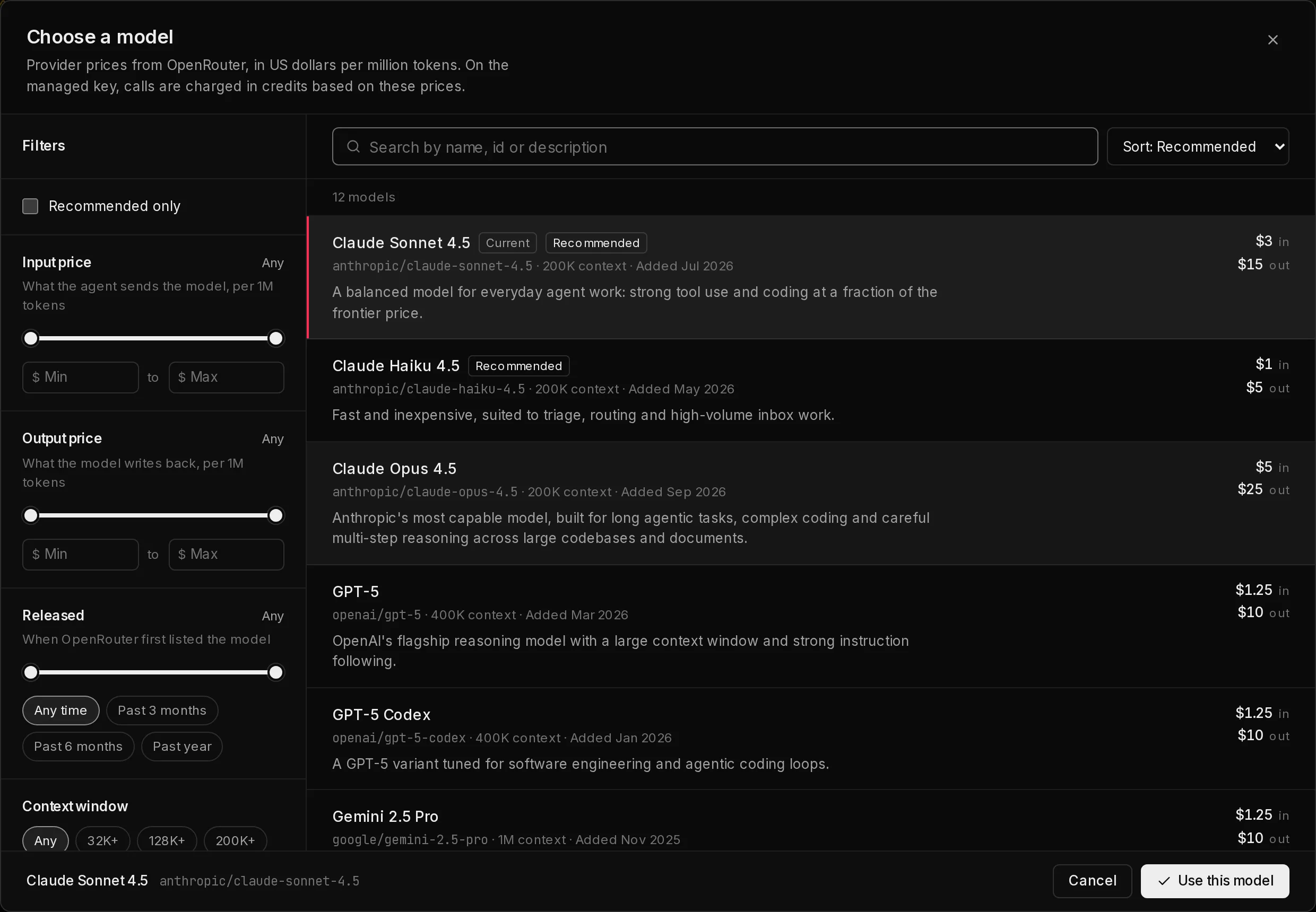 The Choose a model dialog: a filter sidebar with input and output price sliders, a release date slider, context window and provider filters, beside a searchable list of models with their descriptions, context windows and prices per million tokens.