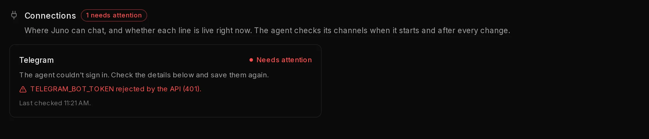 A Telegram channel marked Needs attention, with the reason the agent could not sign in and when it last checked.