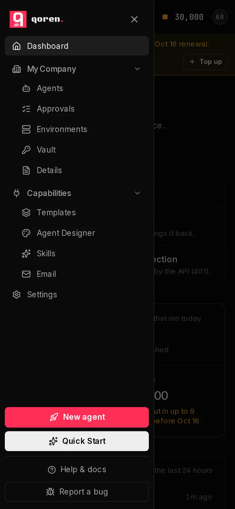 The console on a phone with the menu open: the same sidebar slides in from the left, with a close button at the top.