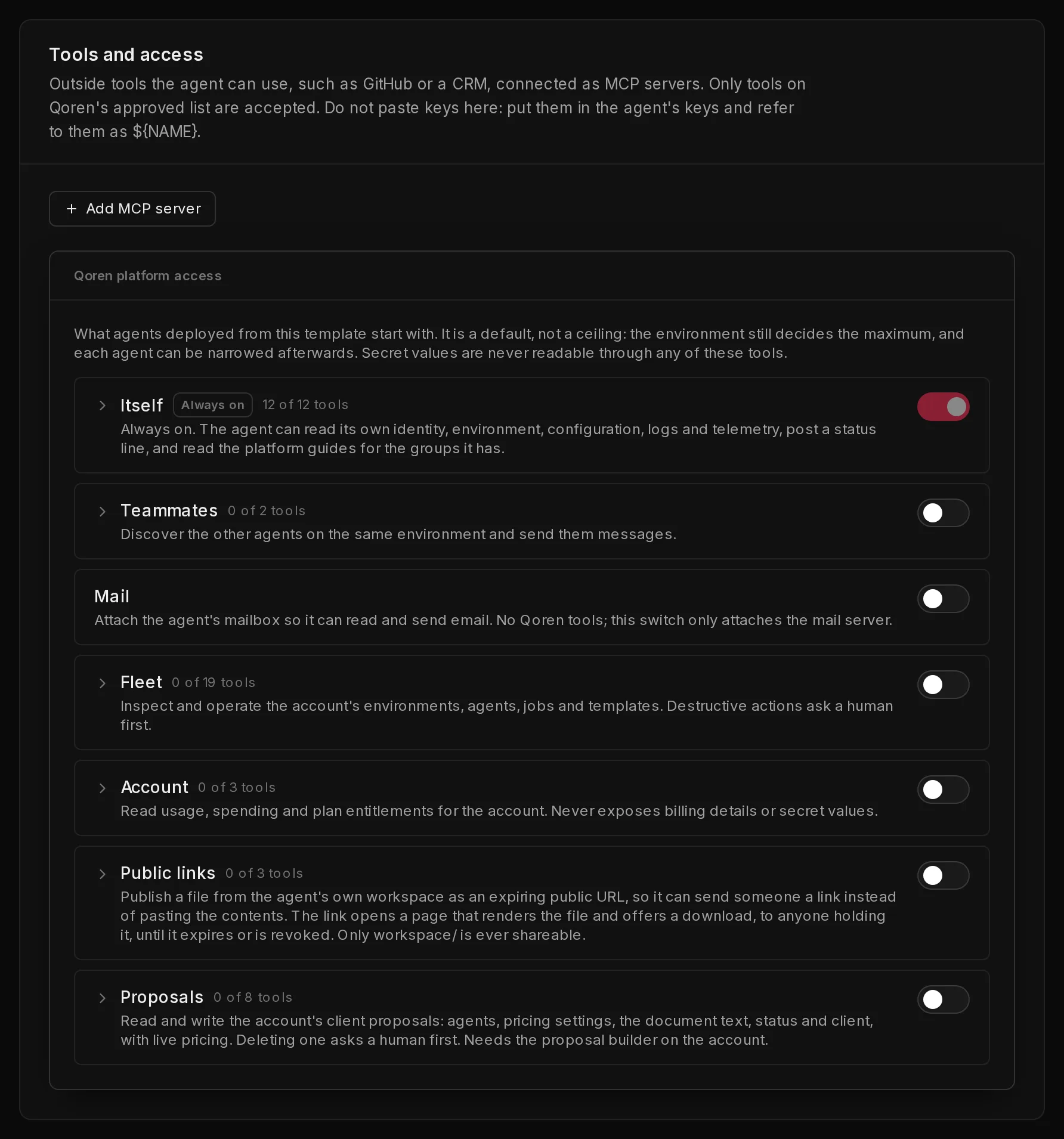 The Tools and access section of the template editor, with the Add MCP server button and the Qoren platform access switches below it.