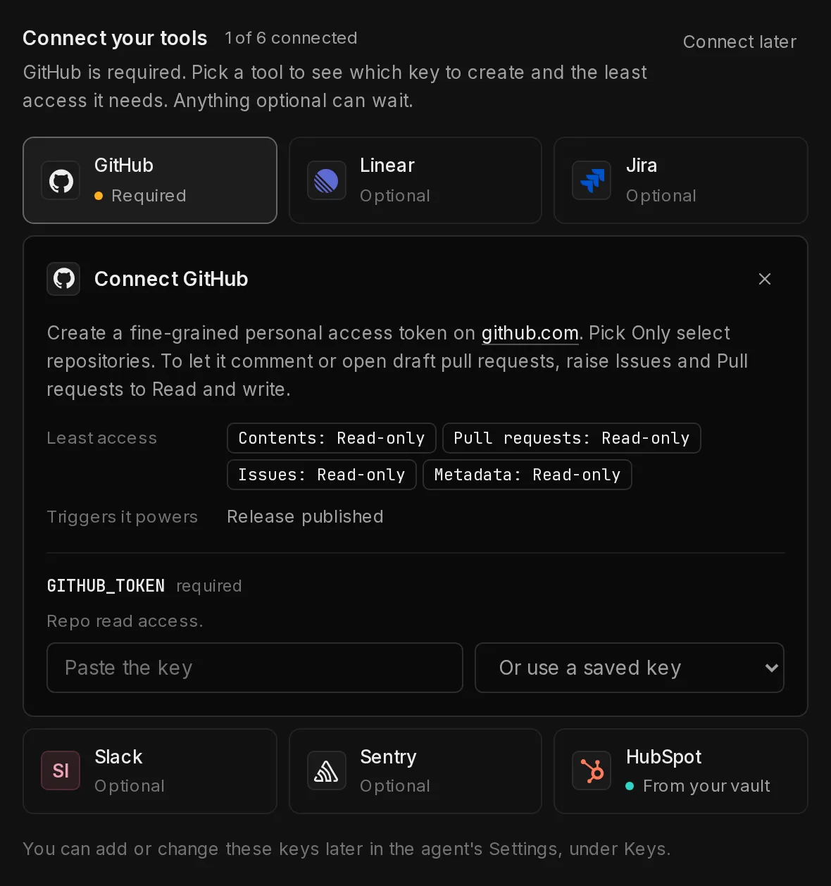 Connect your tools for the release-notes template: tiles for GitHub (required), Linear, Jira, Slack, Sentry and HubSpot, with the GitHub panel open on the token to create, its least access, the trigger it powers, and a box for GITHUB_TOKEN beside a menu of saved keys.