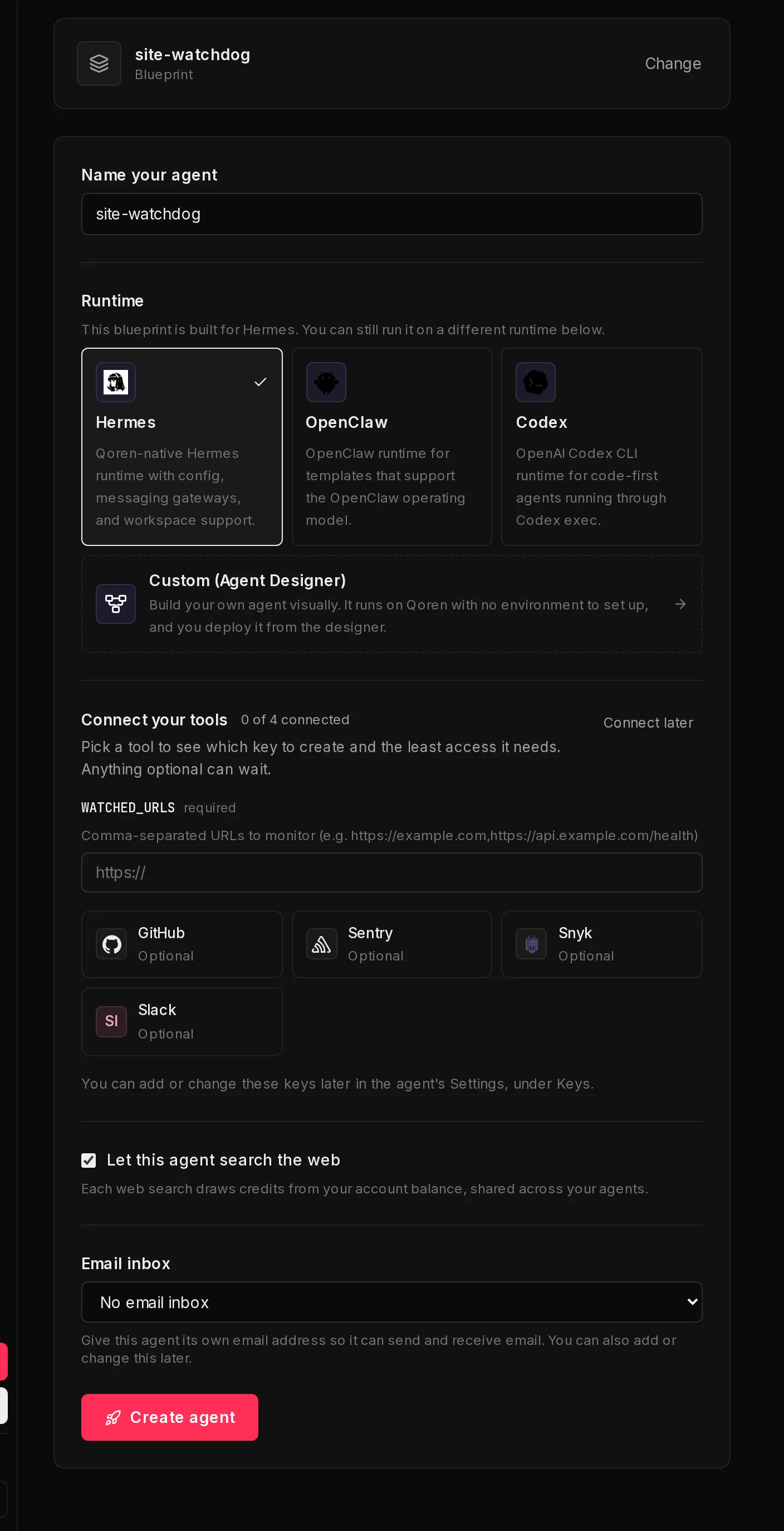The second step of Create an agent for the site-watchdog template: the chosen blueprint, a Name your agent field, the runtime cards, and the Create agent button.