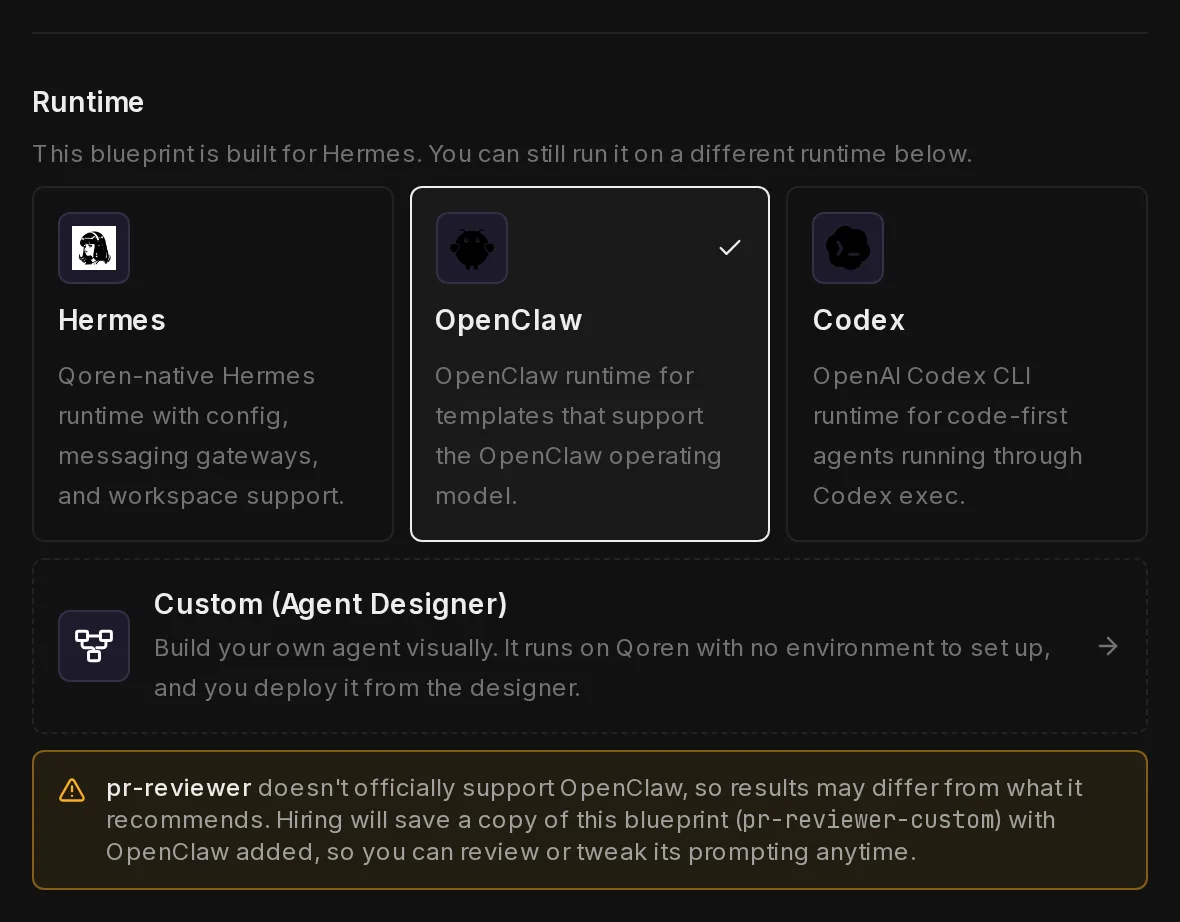 The runtime cards with OpenClaw picked for a template built for Hermes, and a warning that a copy of the template will be saved with OpenClaw added.