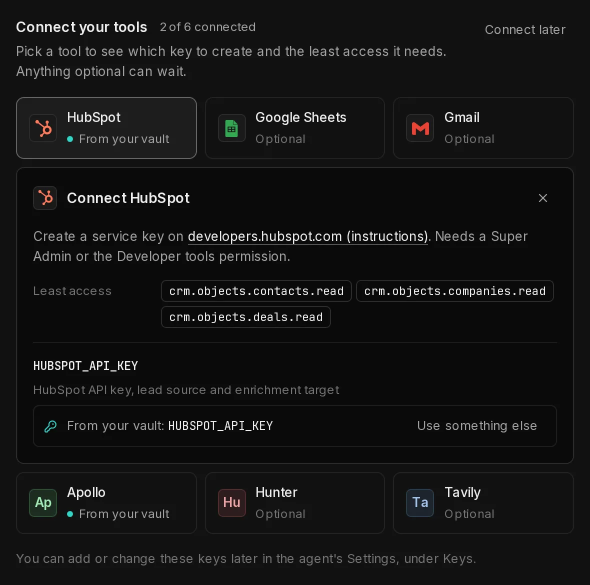 Connect your tools for the lead-catcher template with the HubSpot panel open: HUBSPOT_API_KEY filled in from the vault by name, with a Use something else button.