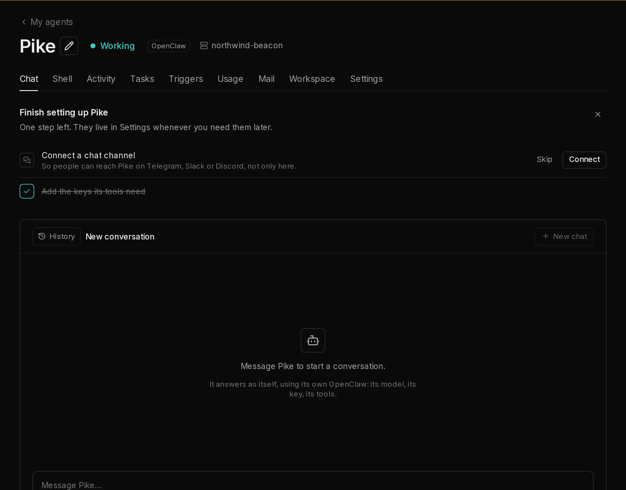 A working agent's Chat tab with the Finish setting up checklist above the chat: connect a chat channel and add the keys its tools need.