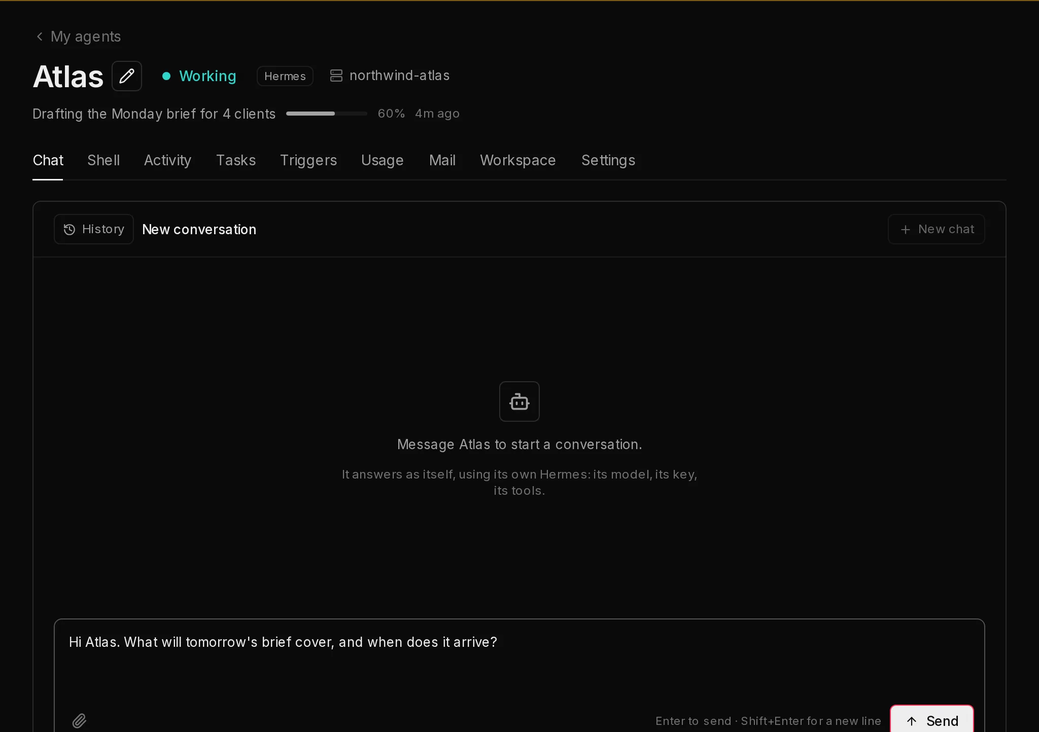 A working agent's Chat tab with a first message typed into the box, the Send button, and the History and New chat buttons above the thread.