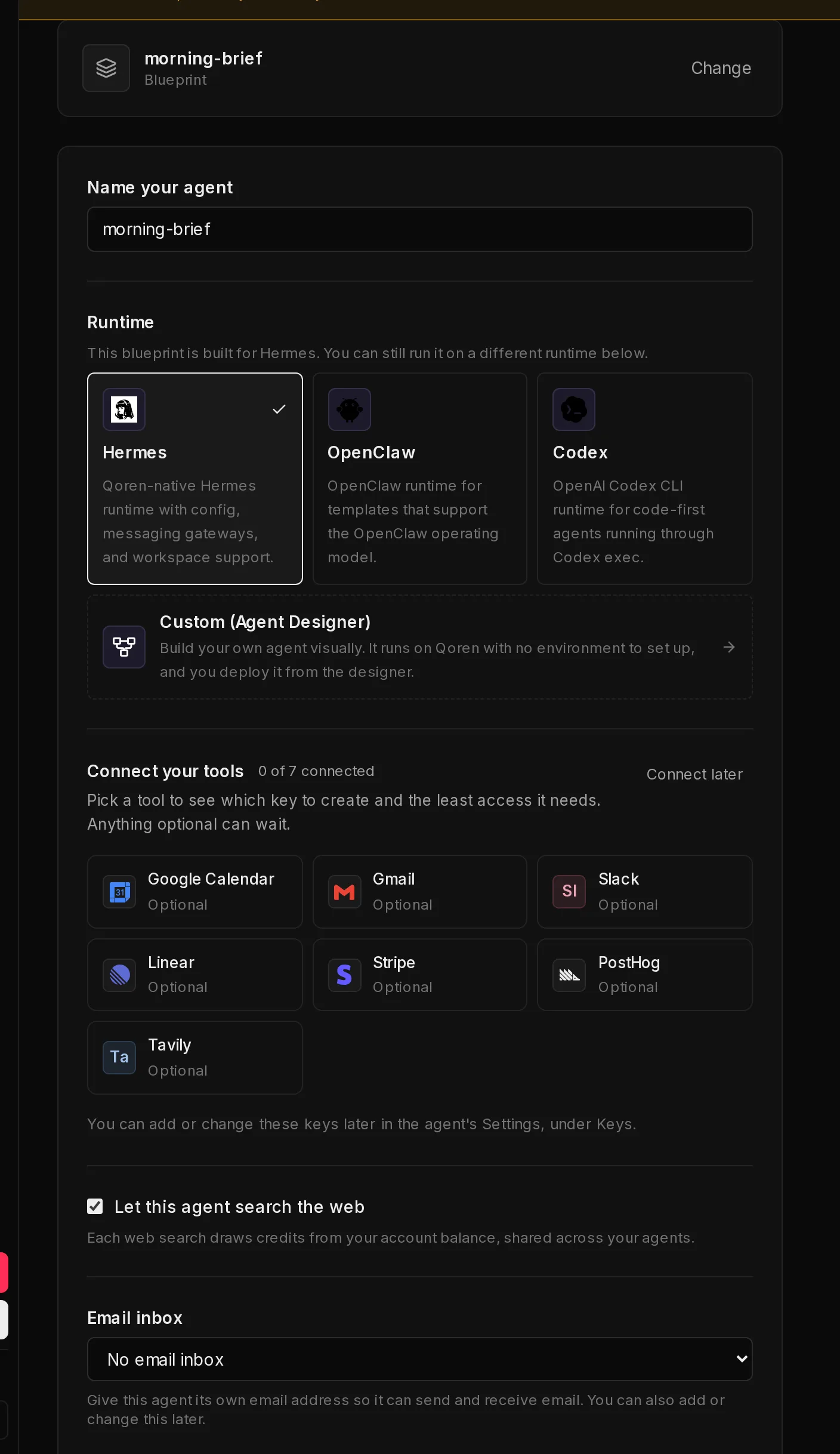 The second step of Create an agent: the chosen blueprint, the agent's name, the runtime cards, Connect your tools with the template's optional tools, web search, the email inbox and the Create agent button.