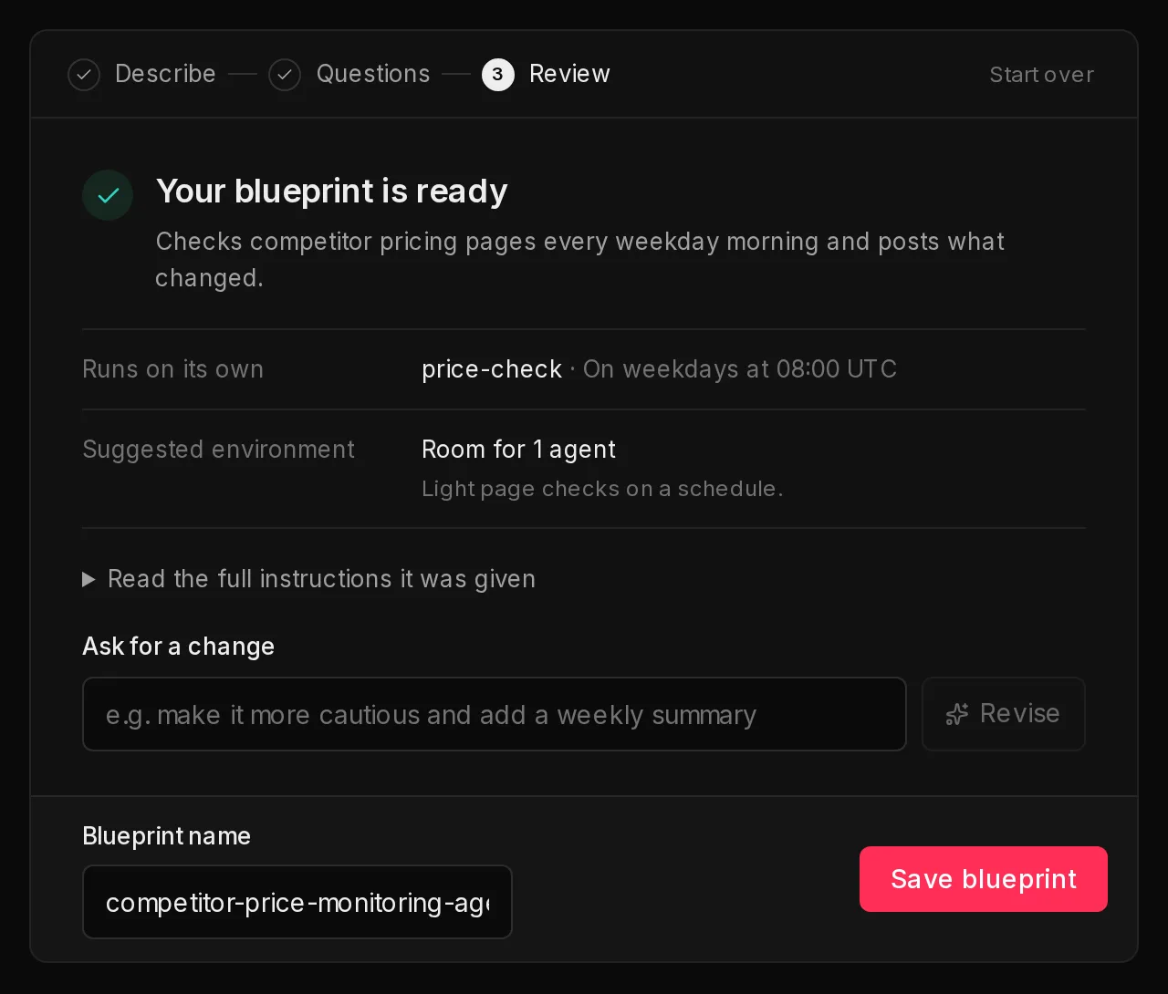 A finished AI draft: Your blueprint is ready, the job it runs on its own, the suggested environment, a box to ask for a change, and the blueprint name with the Save blueprint button.