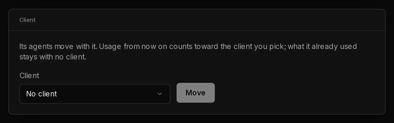 The Client card in an environment's Settings tab, with a client menu and the Move button.