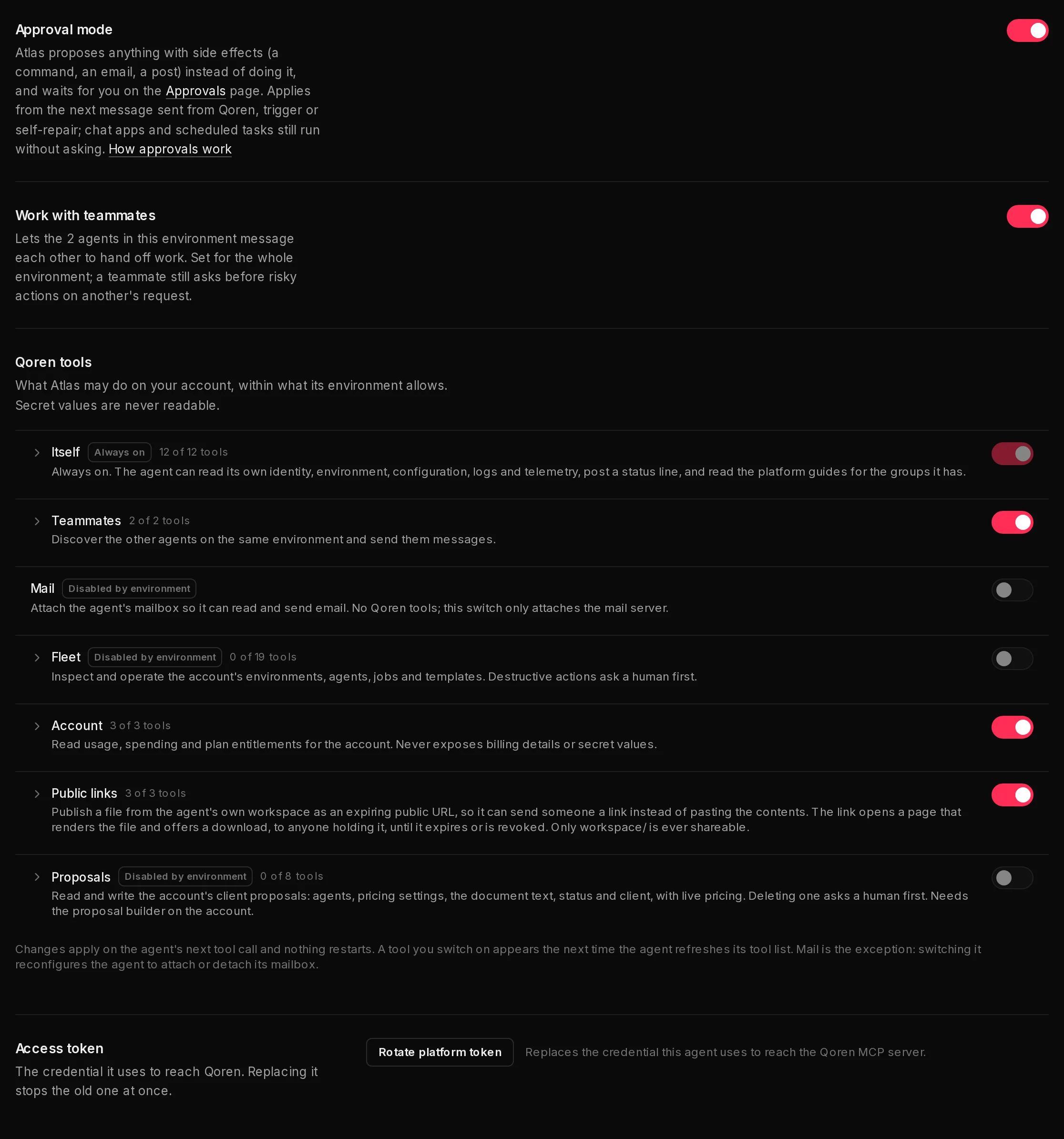 The Permissions section of an agent's settings: Work with teammates, the Qoren tools list of capability groups with their switches, and the Access token row with Rotate platform token.