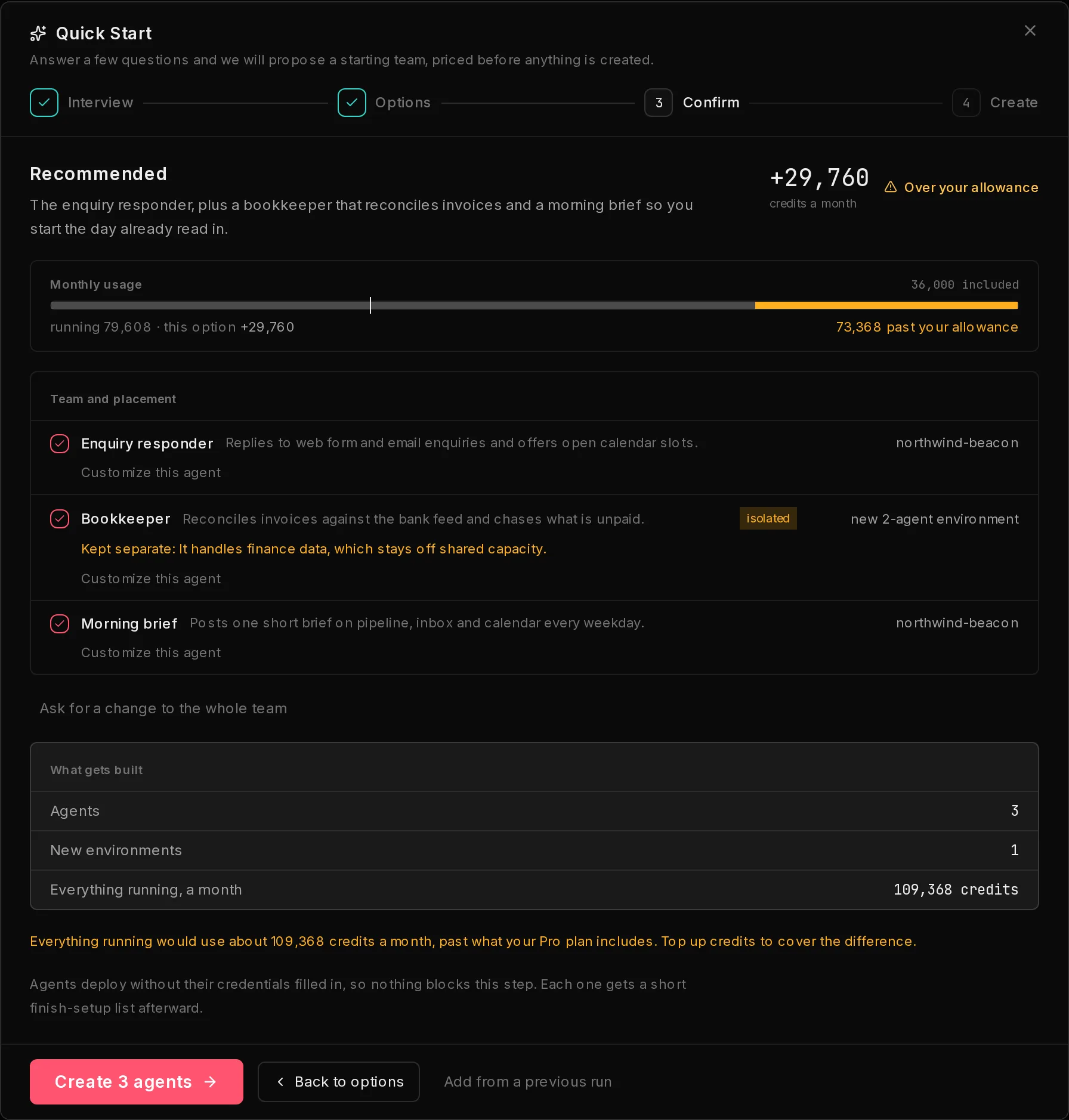 Quick Start's Confirm step: each agent with a checkbox and a Customize this agent link, what gets built, and the Create agents button.