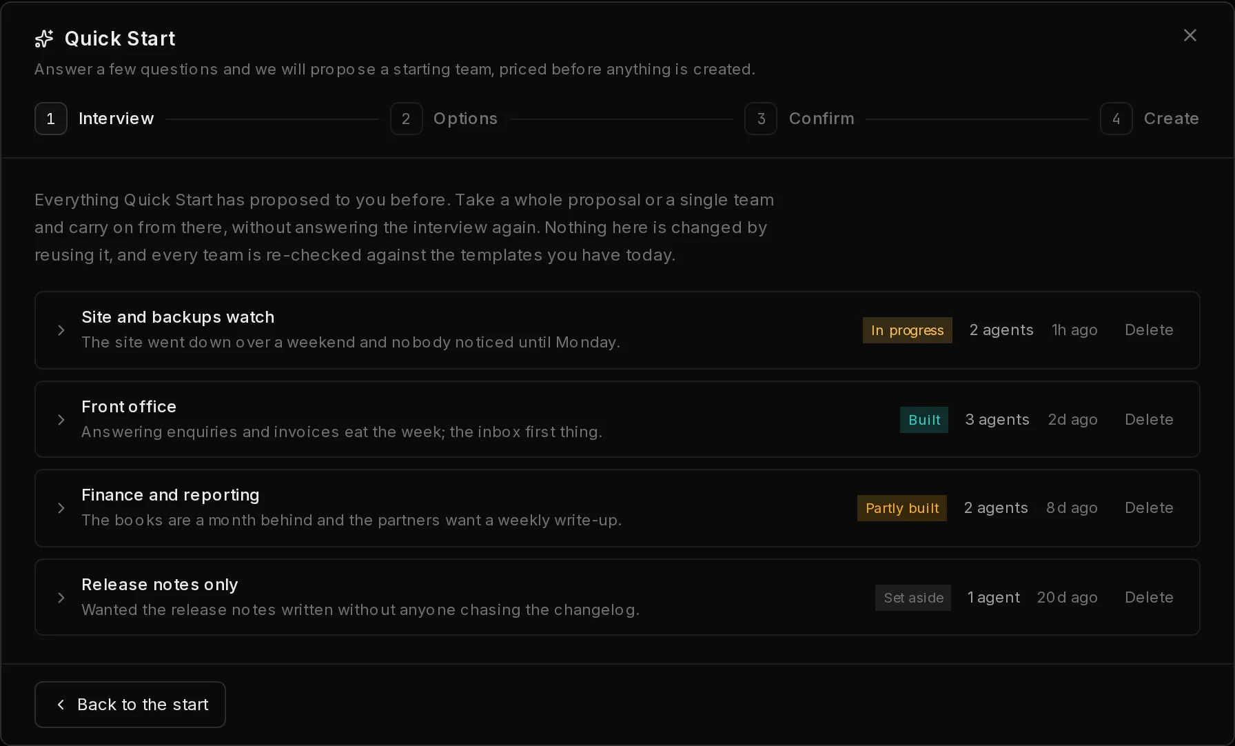 The Quick Start library: your earlier runs, each with a title, what you told it, a status such as Built or Set aside, how many agents, and a Delete link.