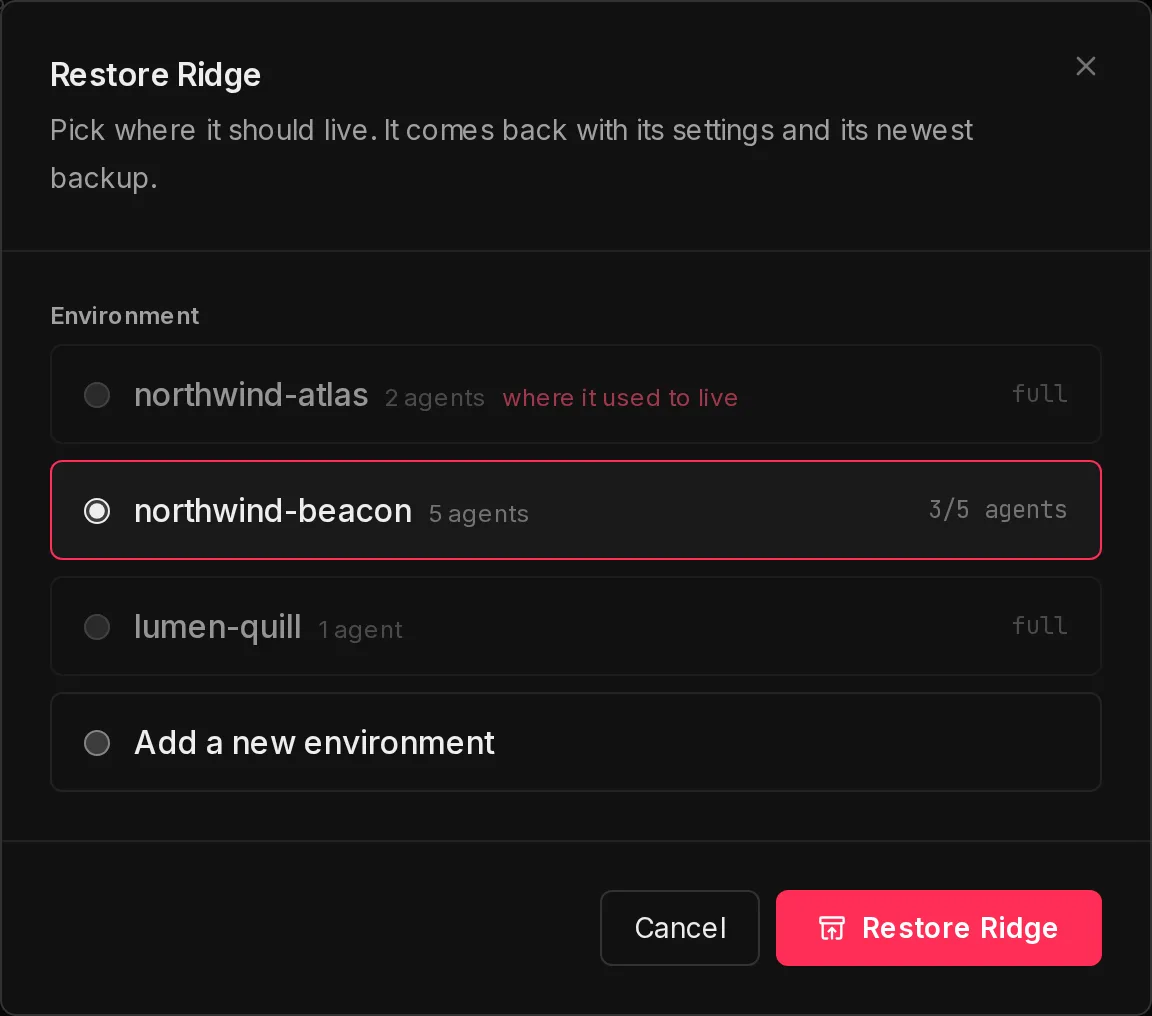 The dialog for bringing a deleted agent back, with a list of environments to restore it onto and the option to add a new environment.