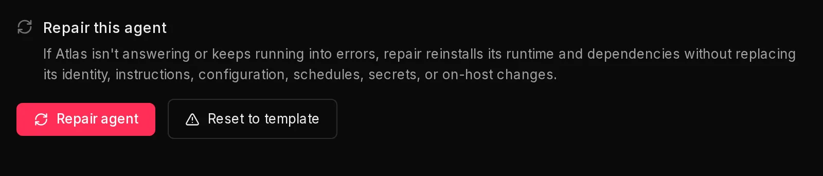The Repair this agent card in Atlas's Maintenance settings, with the Repair agent and Reset to template buttons.