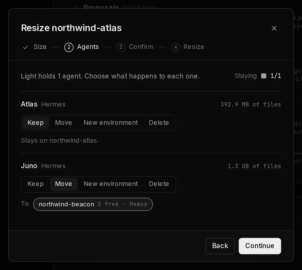 The Agents step of the Resize dialog: a meter of the agents staying out of how many fit, and for each agent its size on disk and a choice between Keep, Move, New environment and Delete, with the environment a moved agent goes to.