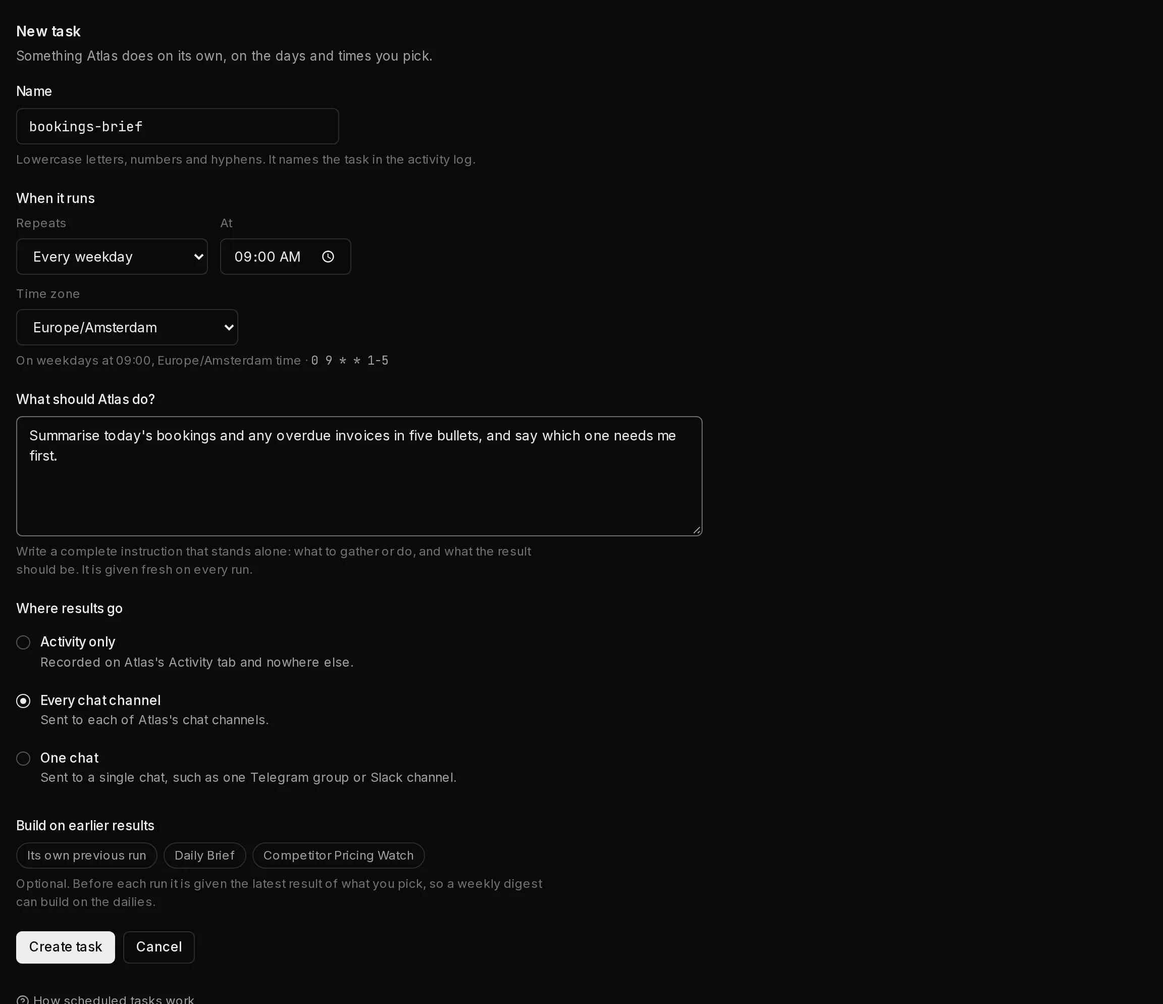 The New task form: a name, the Repeats, day, time and time zone pickers, the instruction for the agent, the choice of where results go, and the Create task button.