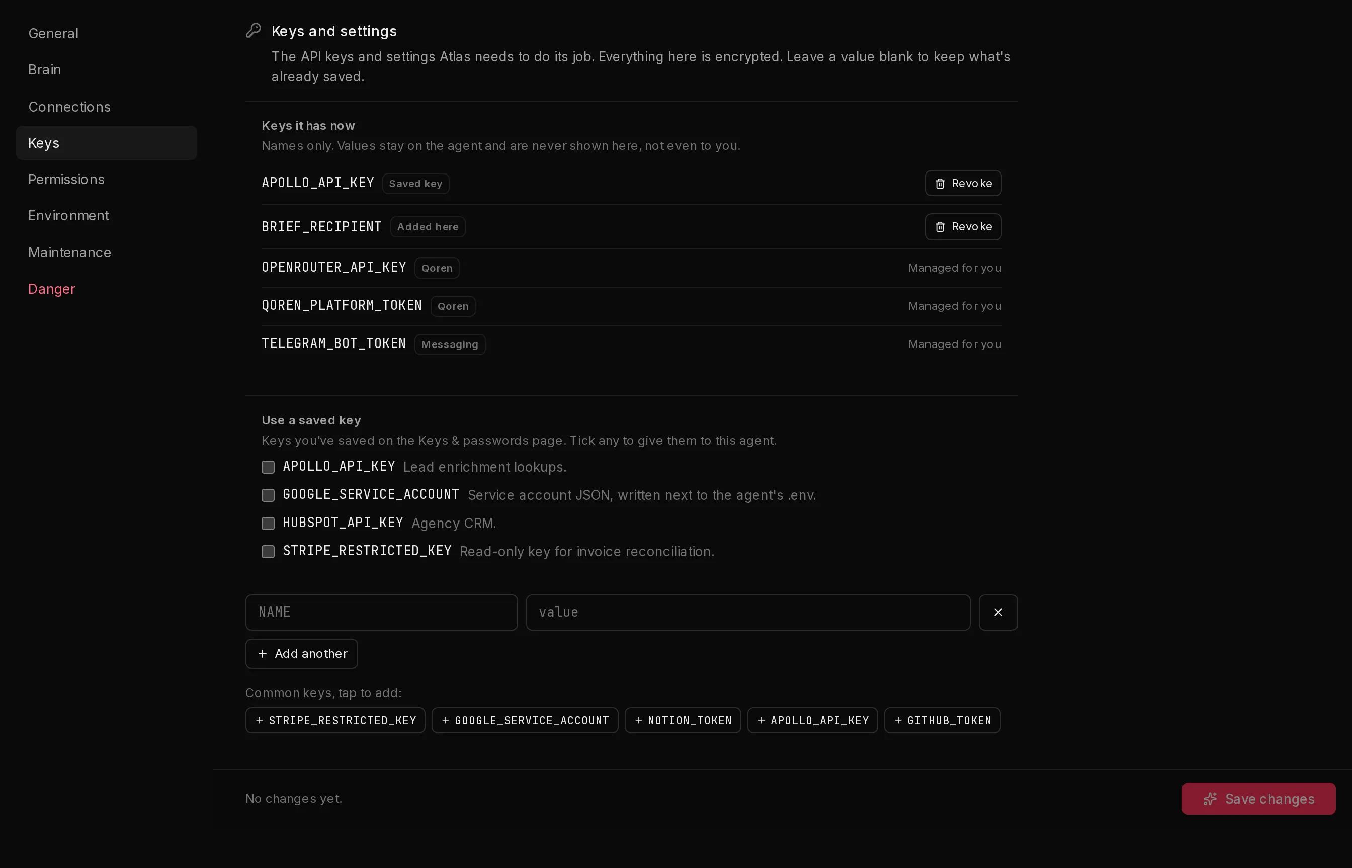 The Keys section of an agent's settings: the keys the agent carries now, the saved keys you can tick to give it, and fields to add a key by hand.