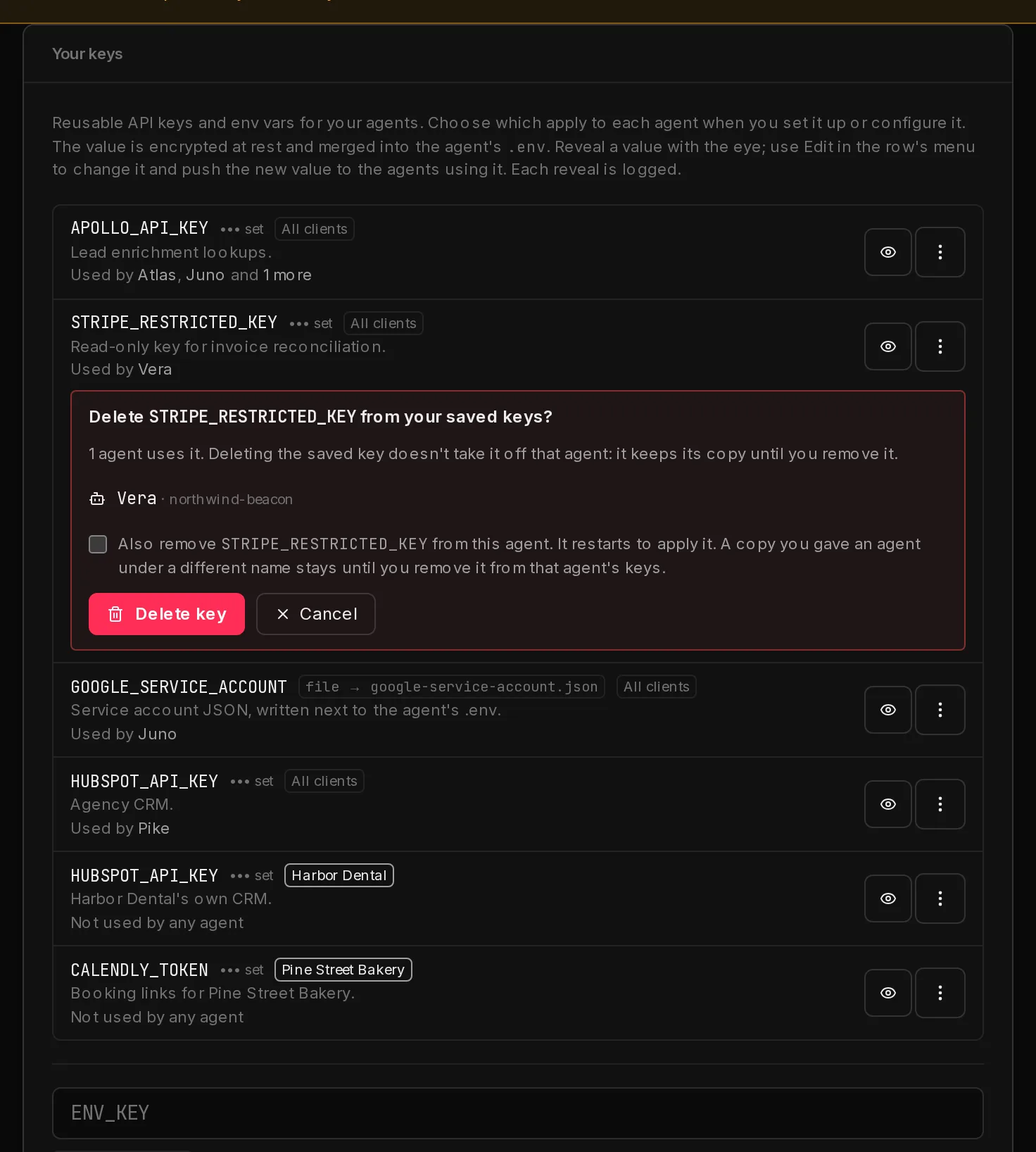 The delete confirmation for a saved key: it names the agent that uses the key, says that agent keeps its copy, offers to remove it from the agent too, and has Delete key and Cancel buttons.