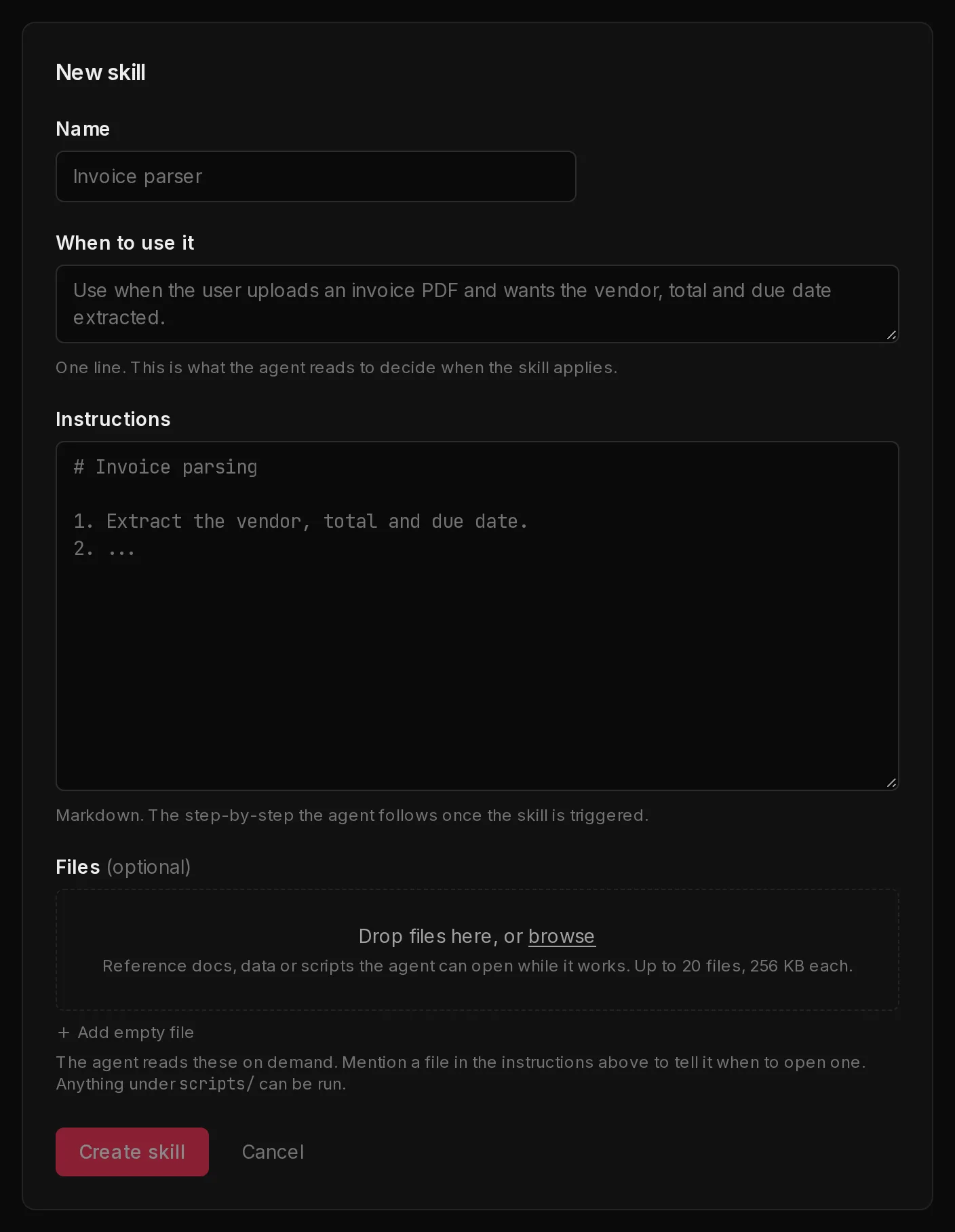 The New skill form with a name, a When to use it line, the Instructions in markdown, a drop zone for supporting files, and the Create skill button.