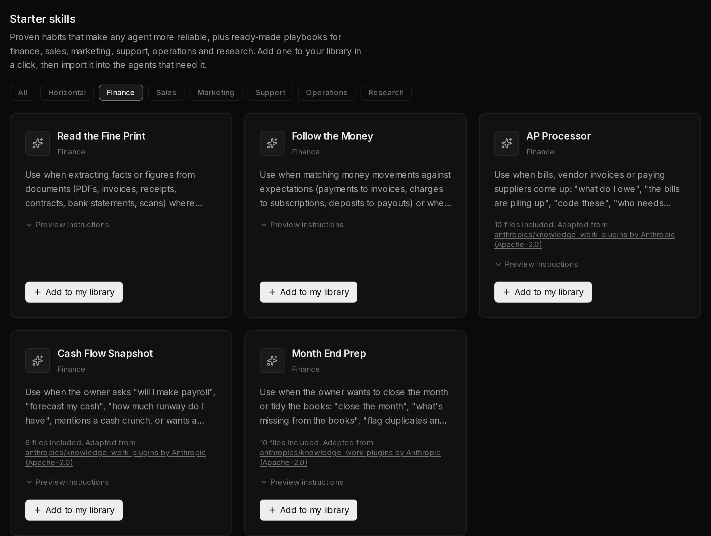 The Starter skills catalog filtered to Finance: category filters and cards with Preview instructions and Add to my library.