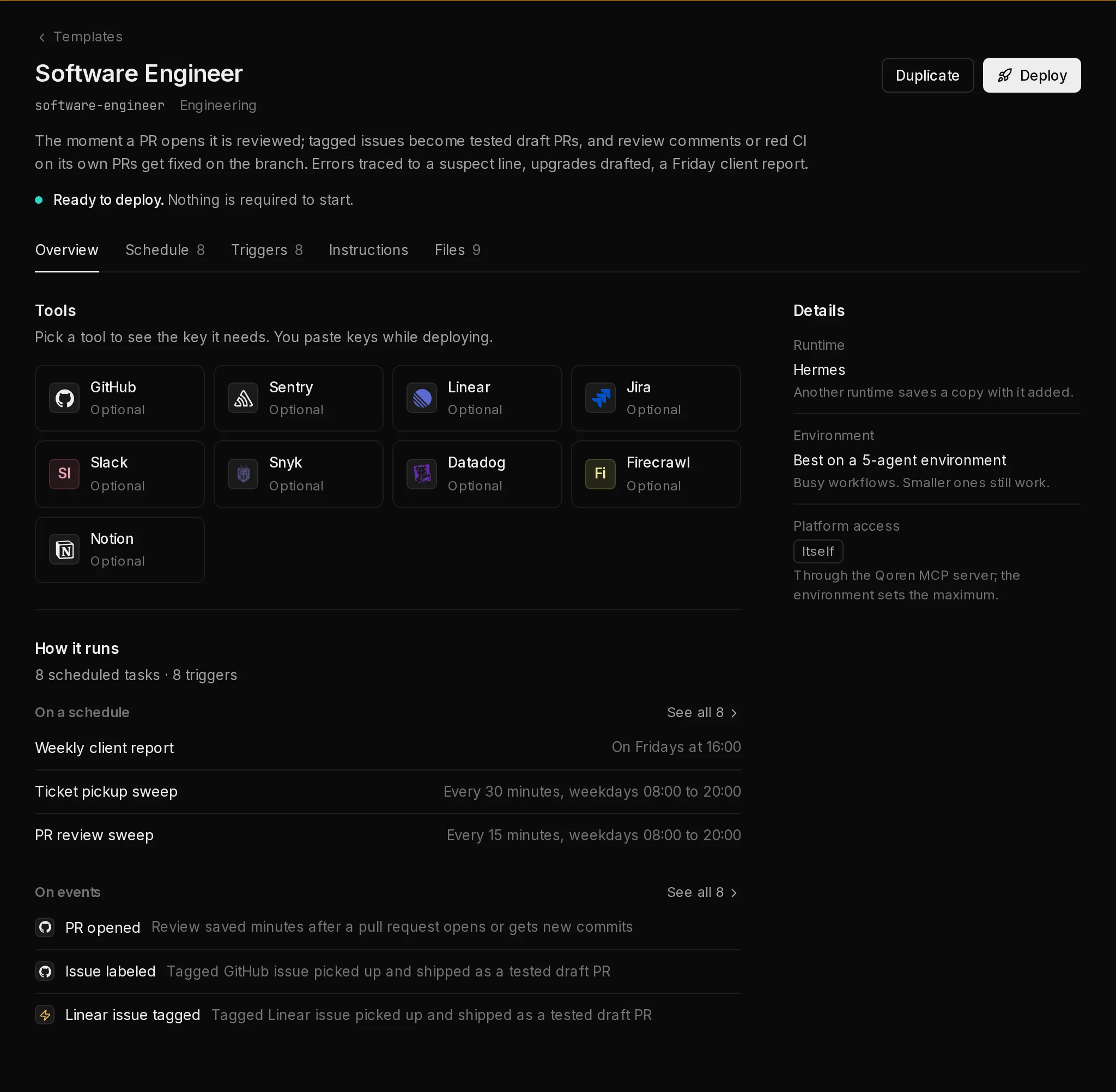 A template's page on its Overview tab: the name, description and Deploy button, the tabs Overview, Schedule, Triggers, Instructions and Files, the tools it works with as tiles, How it runs with its first scheduled tasks and triggers, and a Details column.