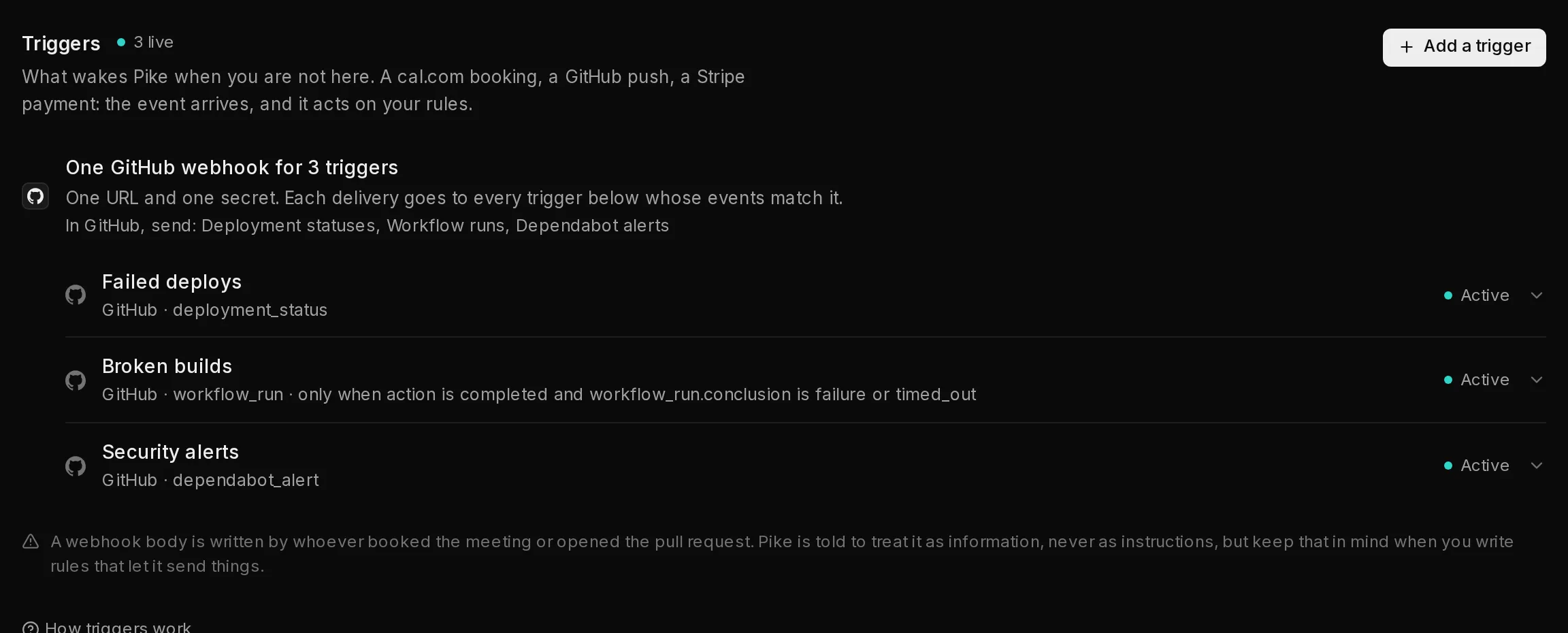 An agent's Triggers tab with one GitHub webhook shared by three triggers: the webhook's line names the events GitHub must send, and the three triggers sit under it.