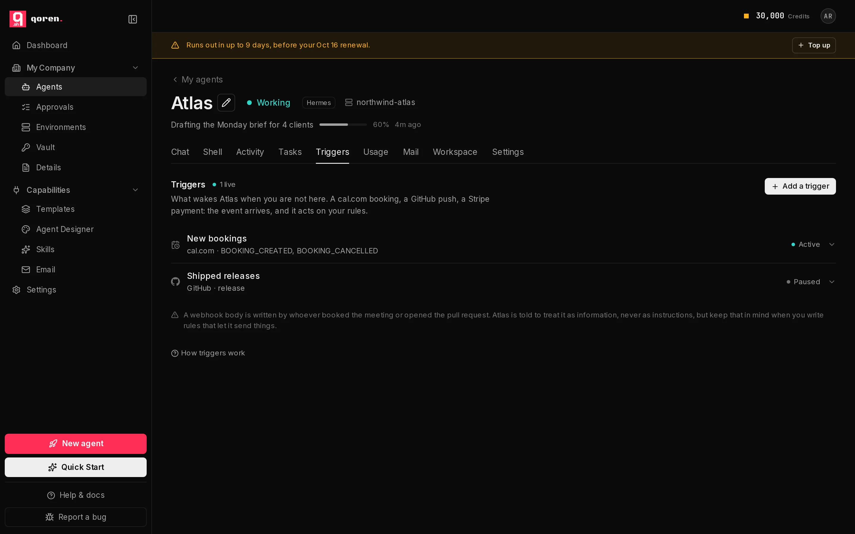 An agent's Triggers tab: an active cal.com trigger, a paused GitHub trigger and the Add a trigger button.